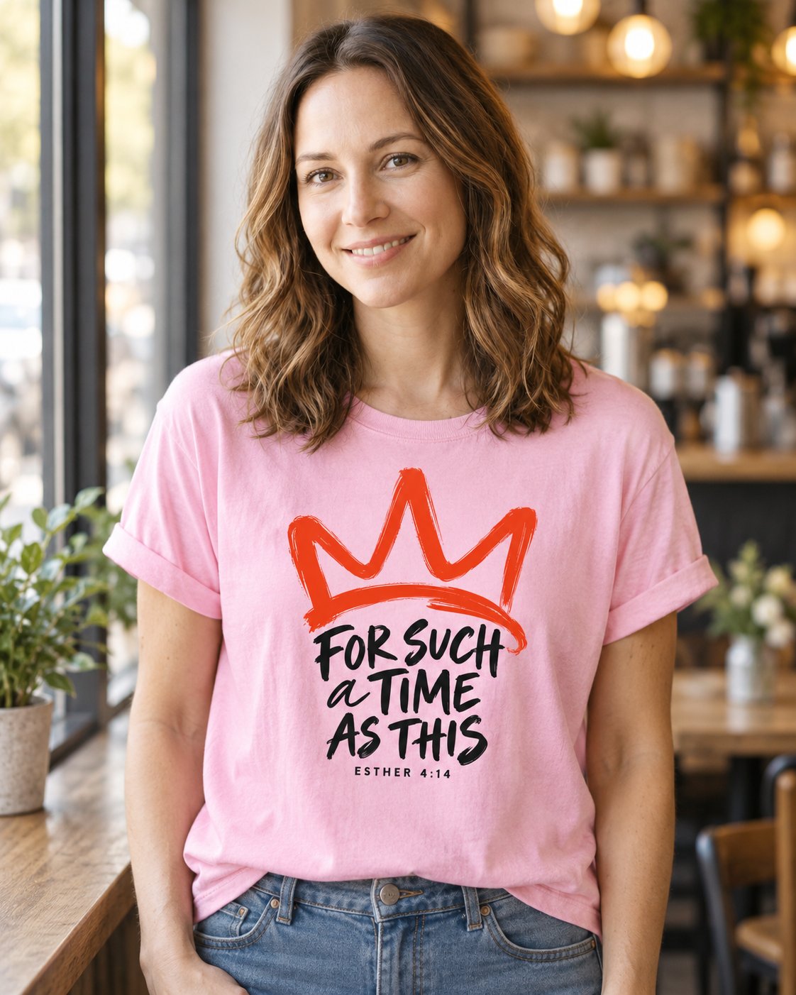 For Such a Time Crown, Blossom women's Christian tee, lifestyle photo in cozy cafe, Brush painted crown above For Such a Time As This lettering, She Wears Faith