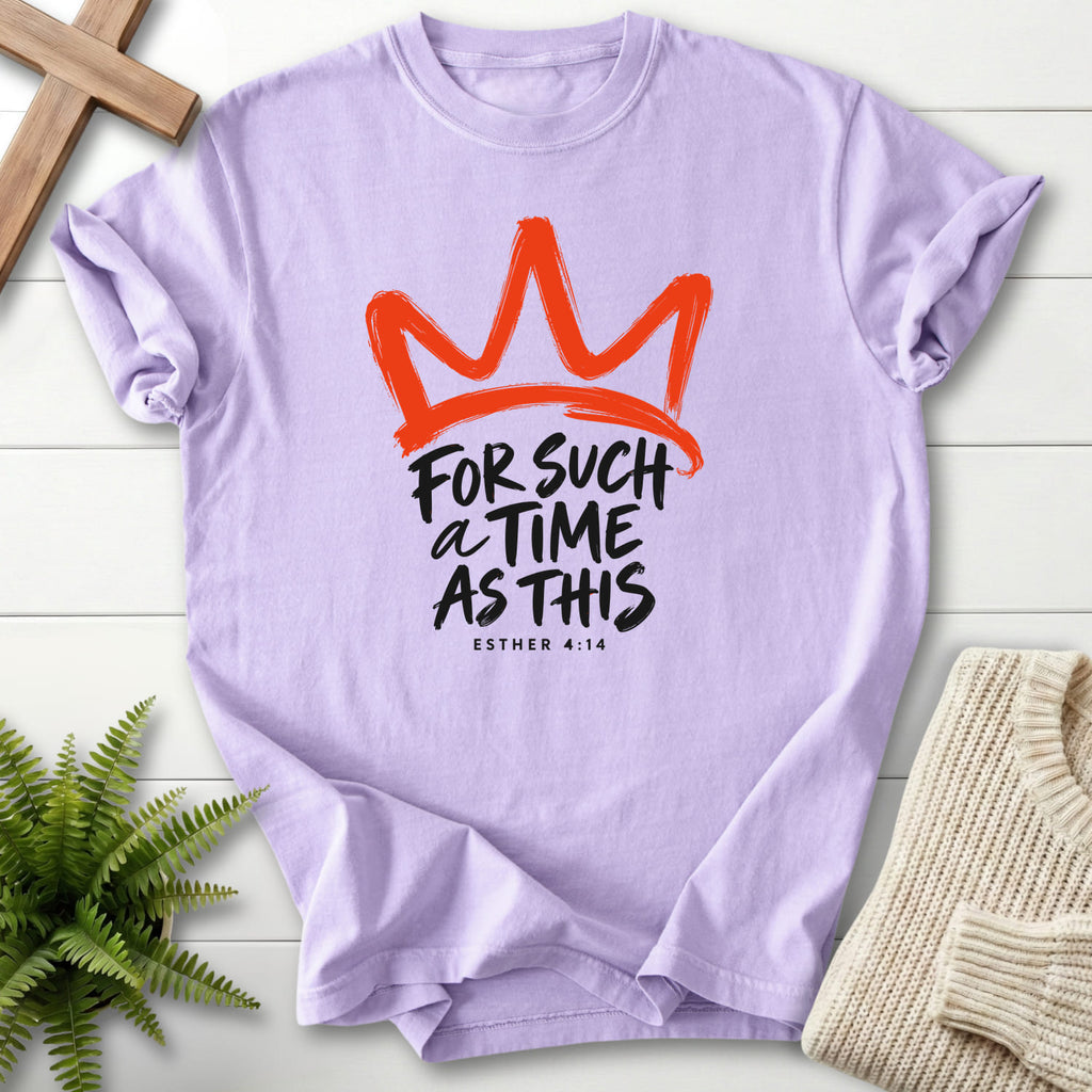 Orchid For Such a Time Crown T-shirt flat lay mockup, Esther 4:14 Christian apparel for women