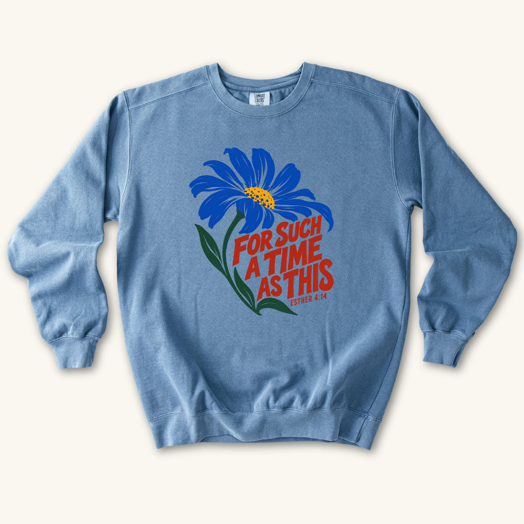 Blue Jean For Such a Time Daisy sweatshirt flat lay mockup, Esther 4:14 Christian apparel for women