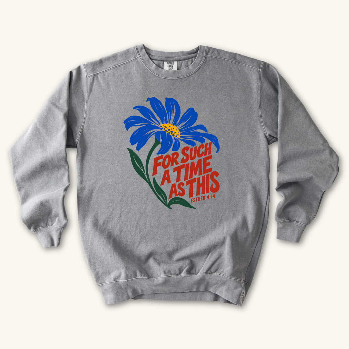 Grey For Such a Time Daisy sweatshirt flat lay mockup, Esther 4:14 Christian apparel for women