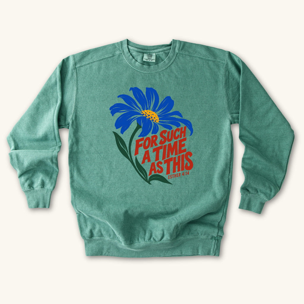 Light Green For Such a Time Daisy sweatshirt flat lay mockup, Esther 4:14 Christian apparel for women