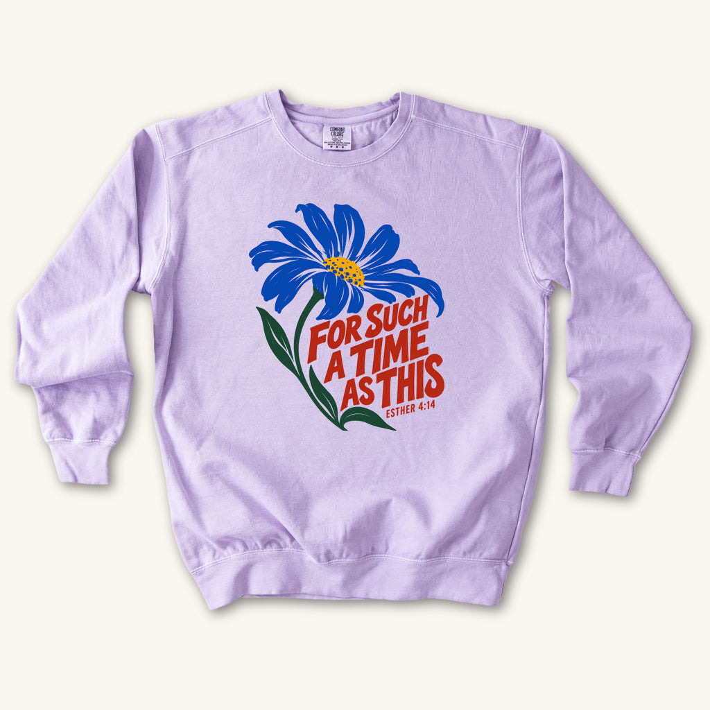 Orchid For Such a Time Daisy sweatshirt flat lay mockup, Esther 4:14 Christian apparel for women