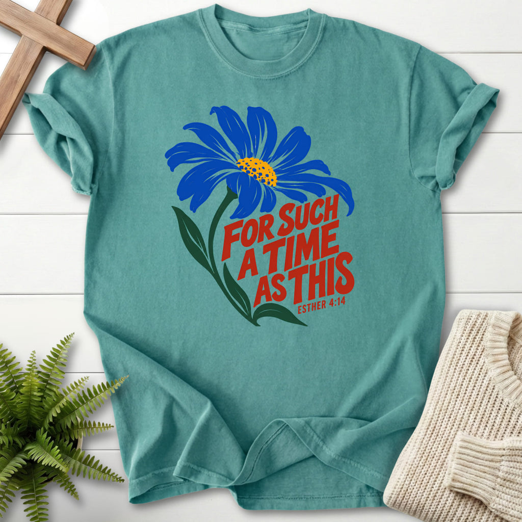 Chalky Mint For Such a Time Daisy T-shirt flat lay mockup, Esther 4:14 Christian apparel for women