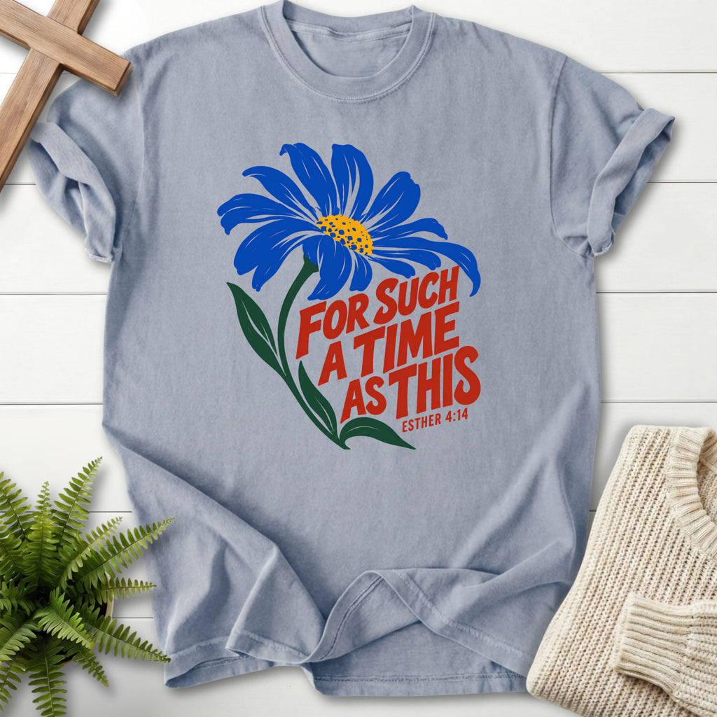 Granite For Such a Time Daisy T-shirt flat lay mockup, Esther 4:14 Christian apparel for women