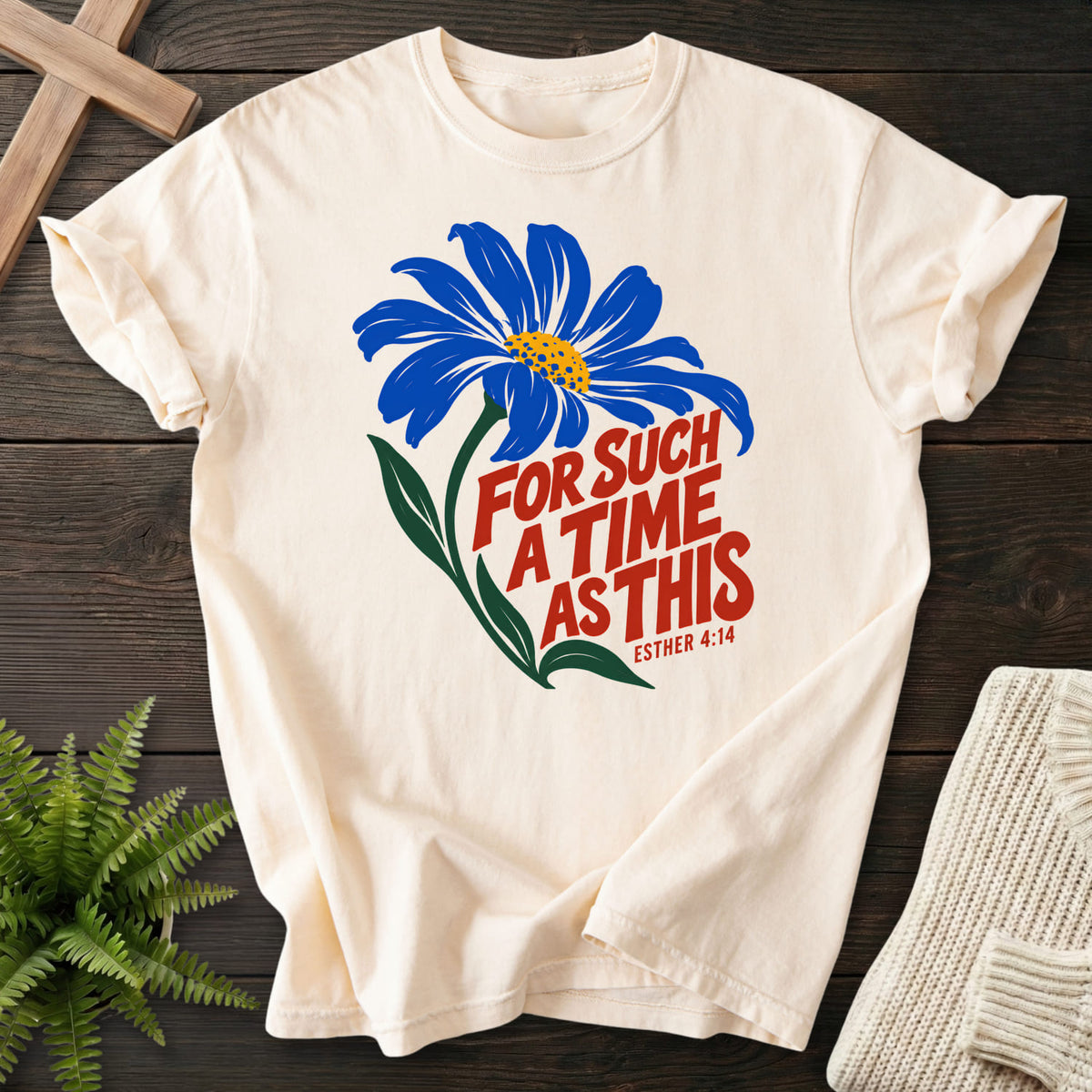 Ivory For Such a Time Daisy T-shirt flat lay mockup, Esther 4:14 Christian apparel for women