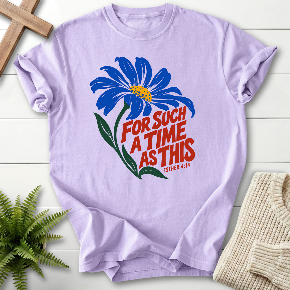 Orchid For Such a Time Daisy T-shirt flat lay mockup, Esther 4:14 Christian apparel for women