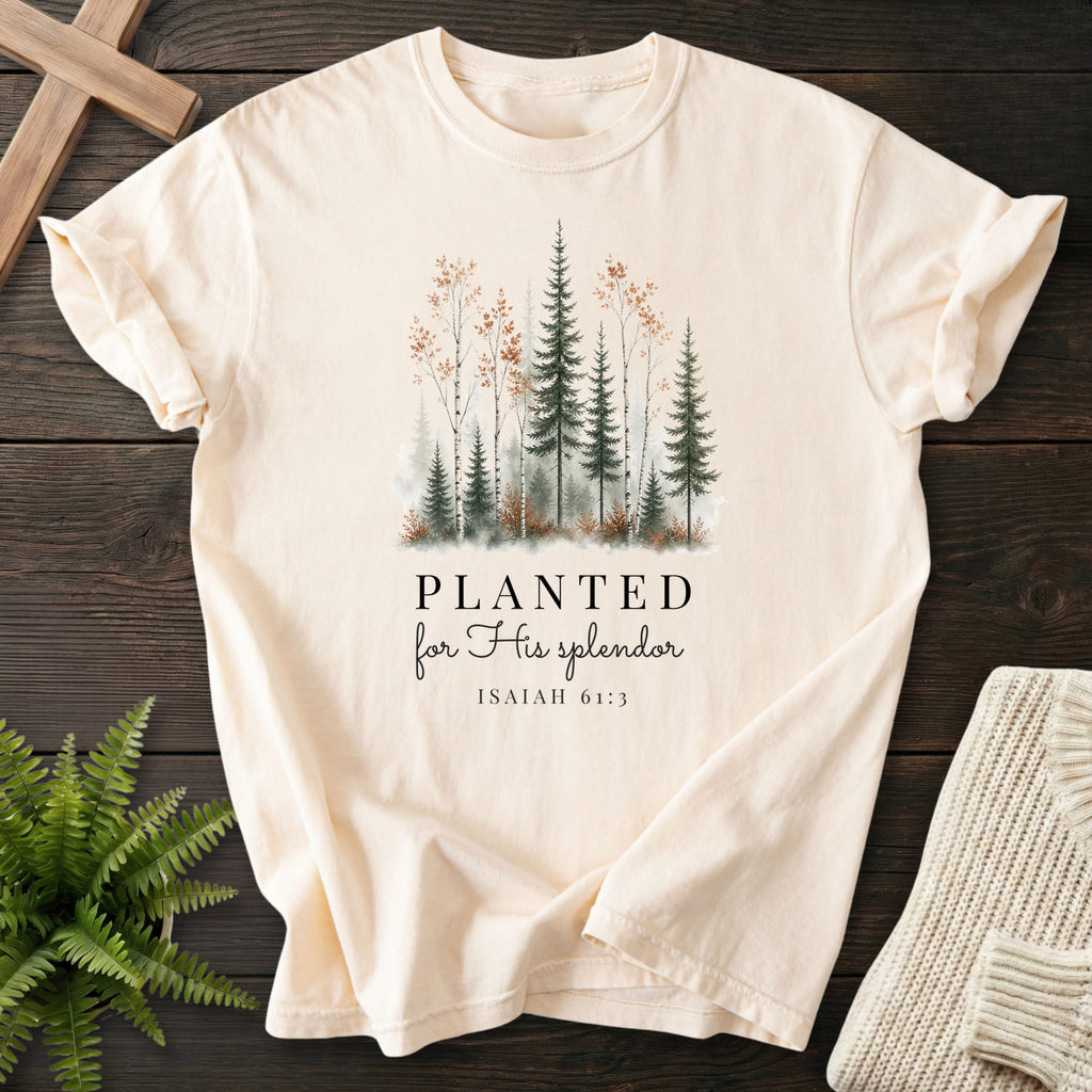 Flatlay of an Ivory faith-inspired shirt with watercolor artwork with "Planted for His Splendor T-Shirt" Isaiah 61:3.