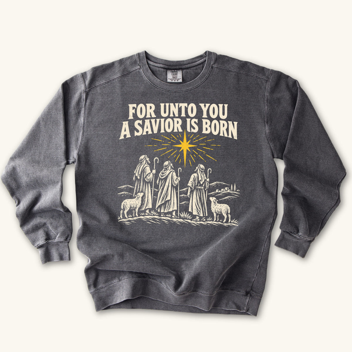Pepper For Unto You a Savior Is Born sweatshirt flat lay mockup, Christian apparel for women