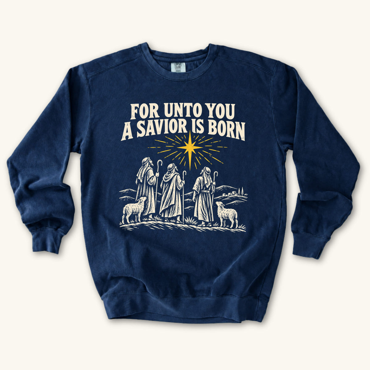 True Navy For Unto You a Savior Is Born sweatshirt flat lay mockup, Christian apparel for women