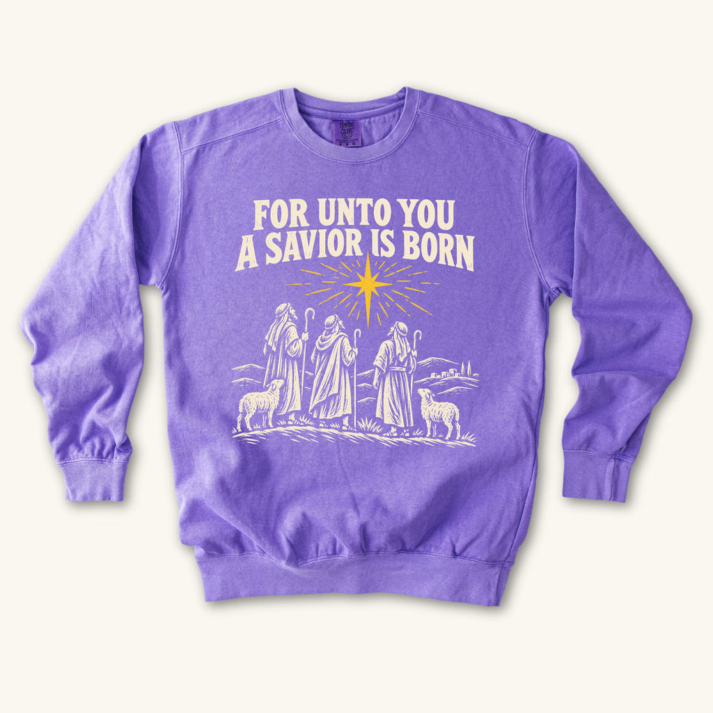 Violet For Unto You a Savior Is Born sweatshirt flat lay mockup, Christian apparel for women