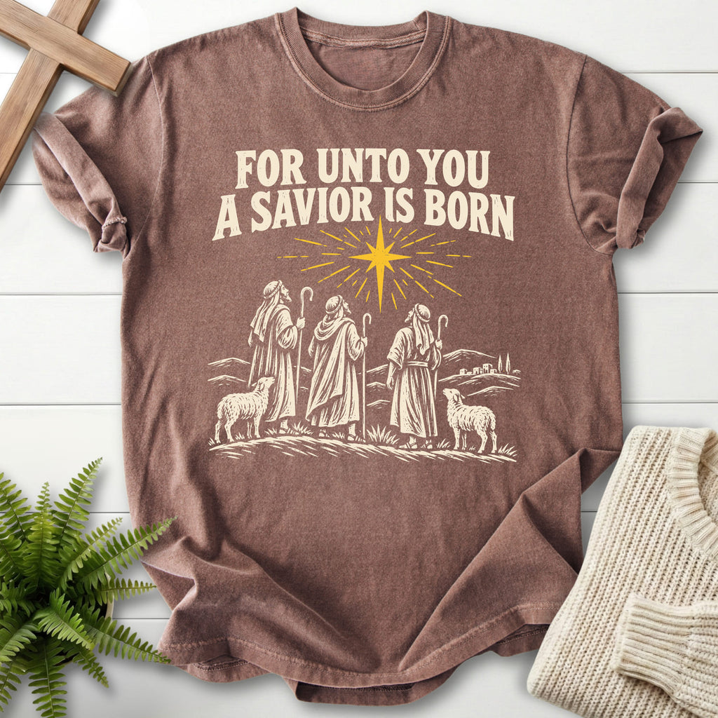 Espresso For Unto You a Savior Is Born T-shirt flat lay mockup, Christian apparel for women