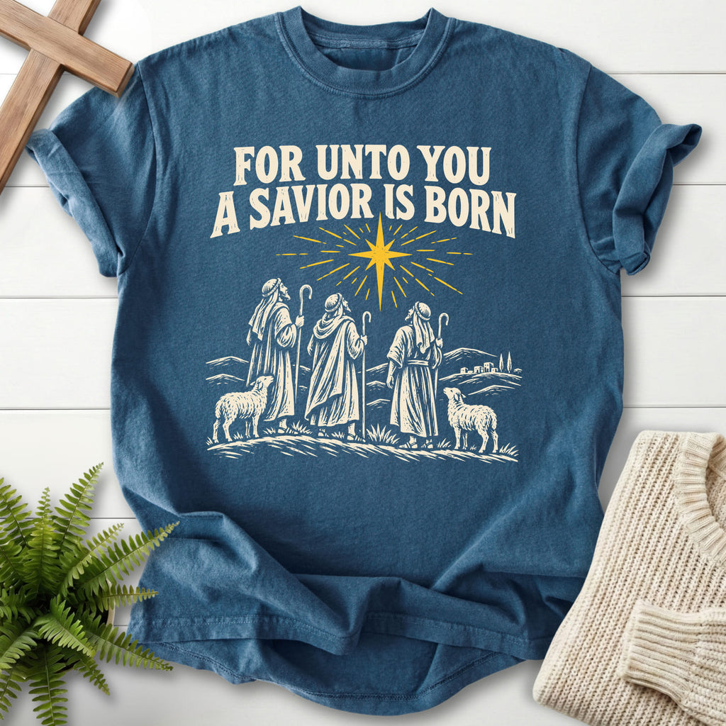 Midnight For Unto You a Savior Is Born T-shirt flat lay mockup, Christian apparel for women