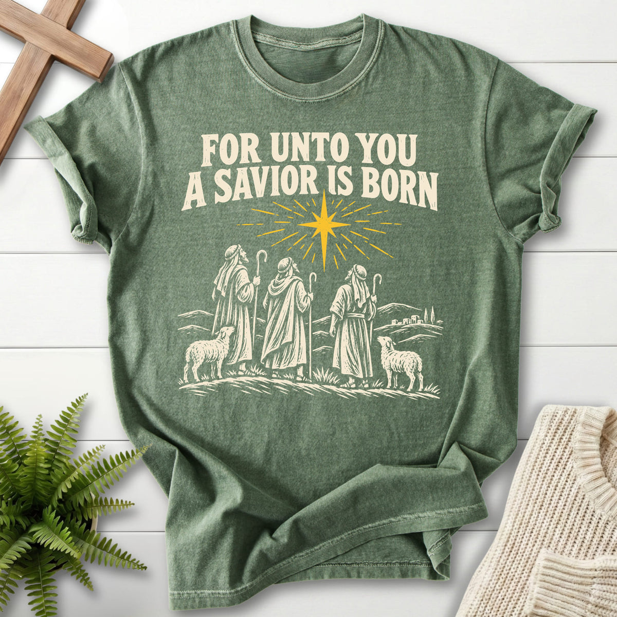 Moss For Unto You a Savior Is Born T-shirt flat lay mockup, Christian apparel for women