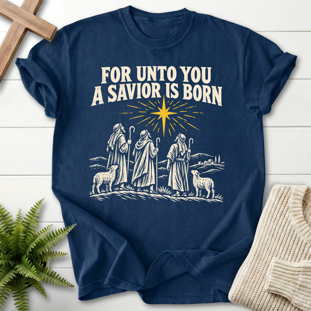 Navy For Unto You a Savior Is Born T-shirt flat lay mockup, Christian apparel for women