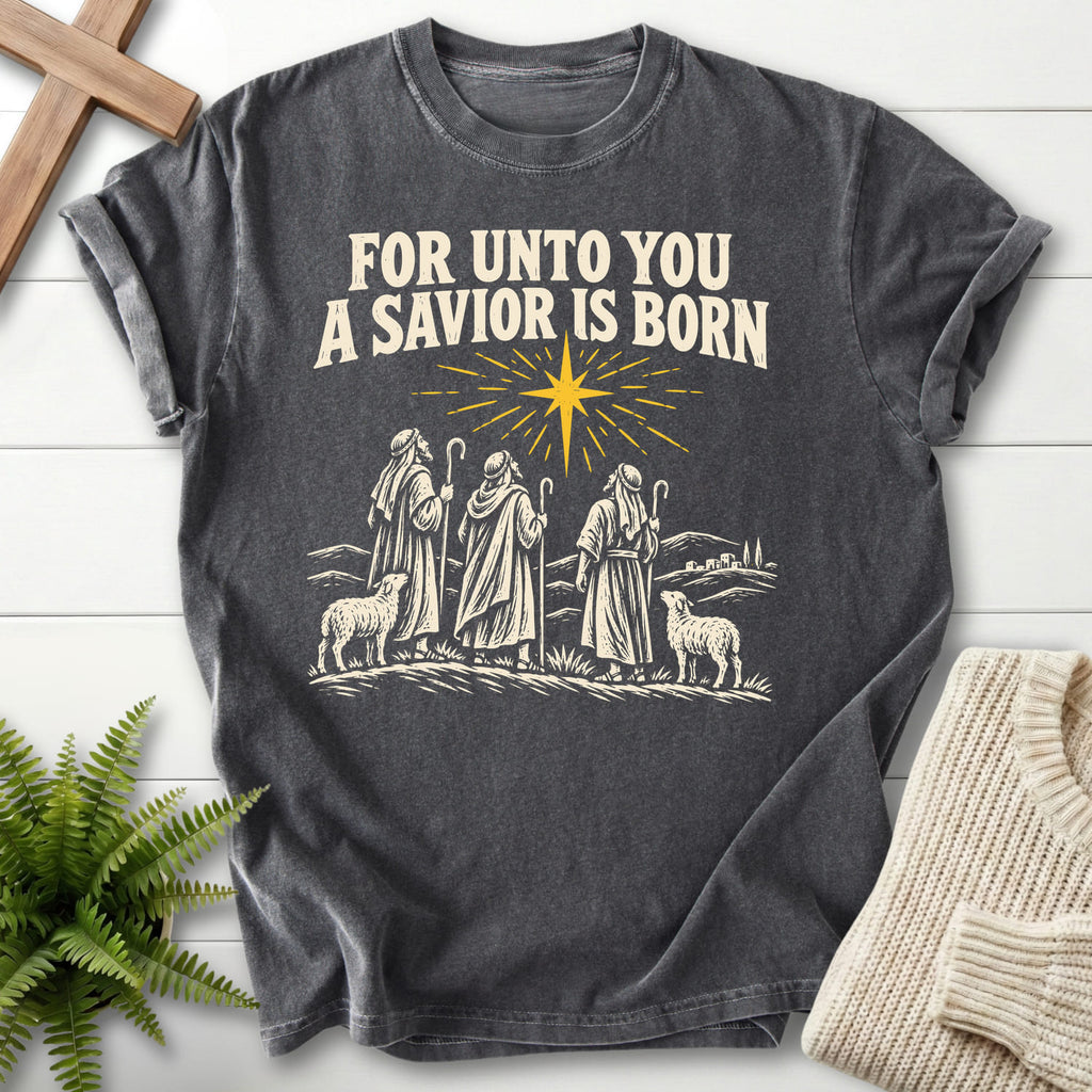 Pepper For Unto You a Savior Is Born T-shirt flat lay mockup, Christian apparel for women