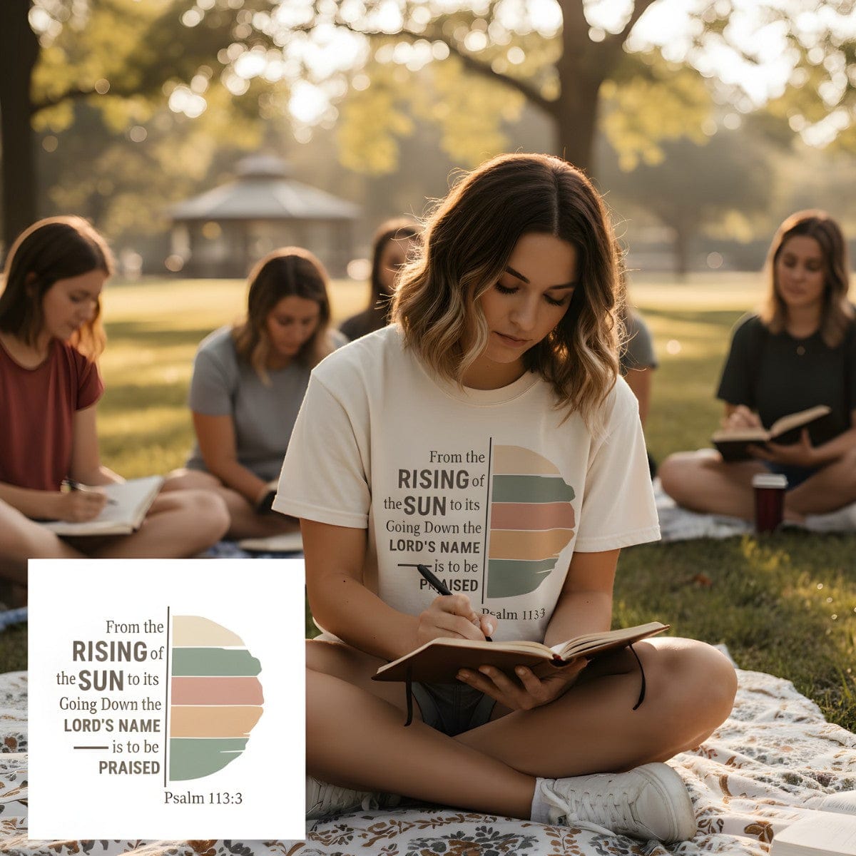 Woman reading her Bible outdoors while wearing a Comfort Colors 1717 ivory “From the Rising of the Sun to its Going Down, the Lord’s Name is to be Praised – Psalm 113:3” t-shirt. A beautiful women’s scripture tee — faith-based apparel for women and modern Christian shirt, perfect Christian mom gift idea.
