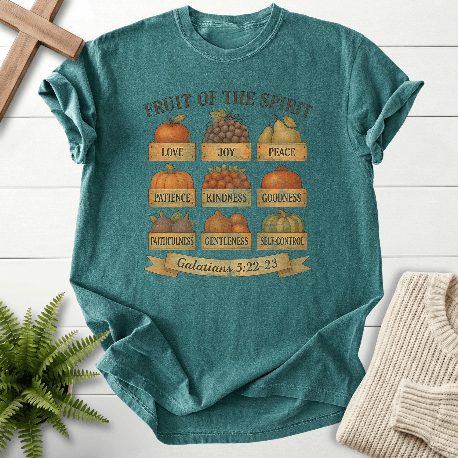 Blue Spruce Bible verse tee for women with autumn harvest squares and Fruit of the Spirit words, Comfort Colors 1717, Galatians 5:22-23.