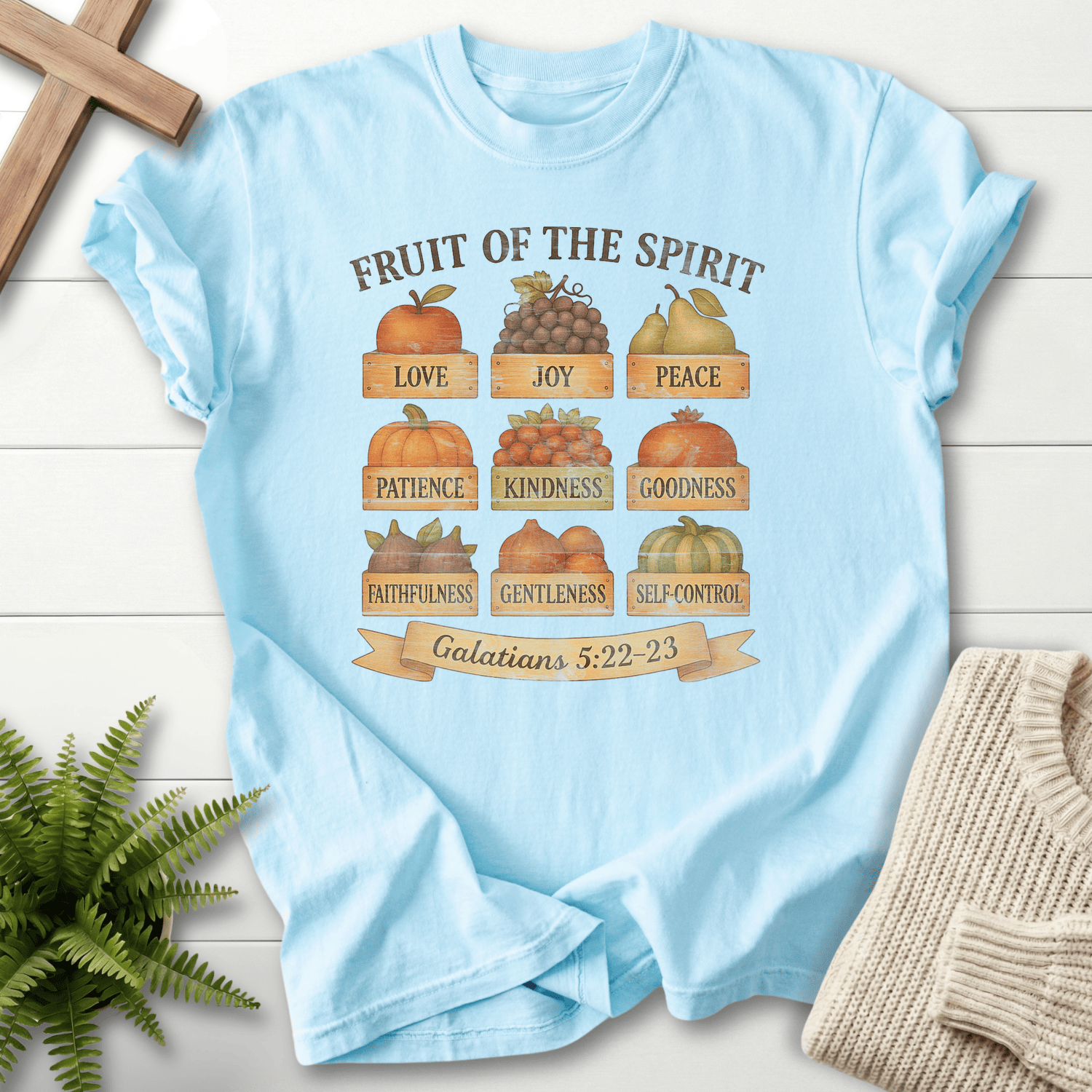 Chambray Christian t-shirt for women with a nine-panel autumn harvest design, Galatians 5:22-23, by She Wears Faith.