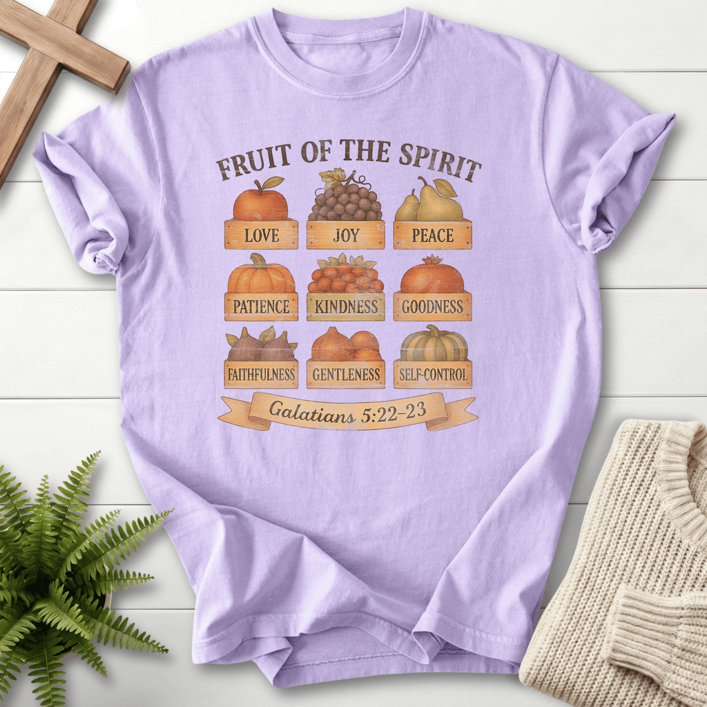 Orchid Bible verse tee for women with illustrated fall produce squares and Fruit of the Spirit labels, Galatians 5:22-23.