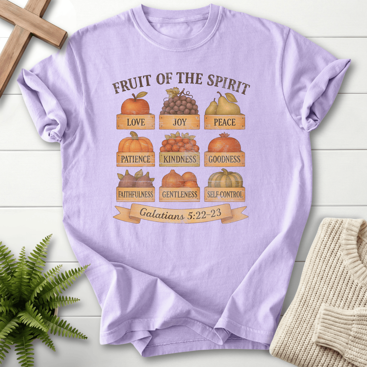 Orchid Bible verse tee for women with illustrated fall produce squares and Fruit of the Spirit labels, Galatians 5:22-23.