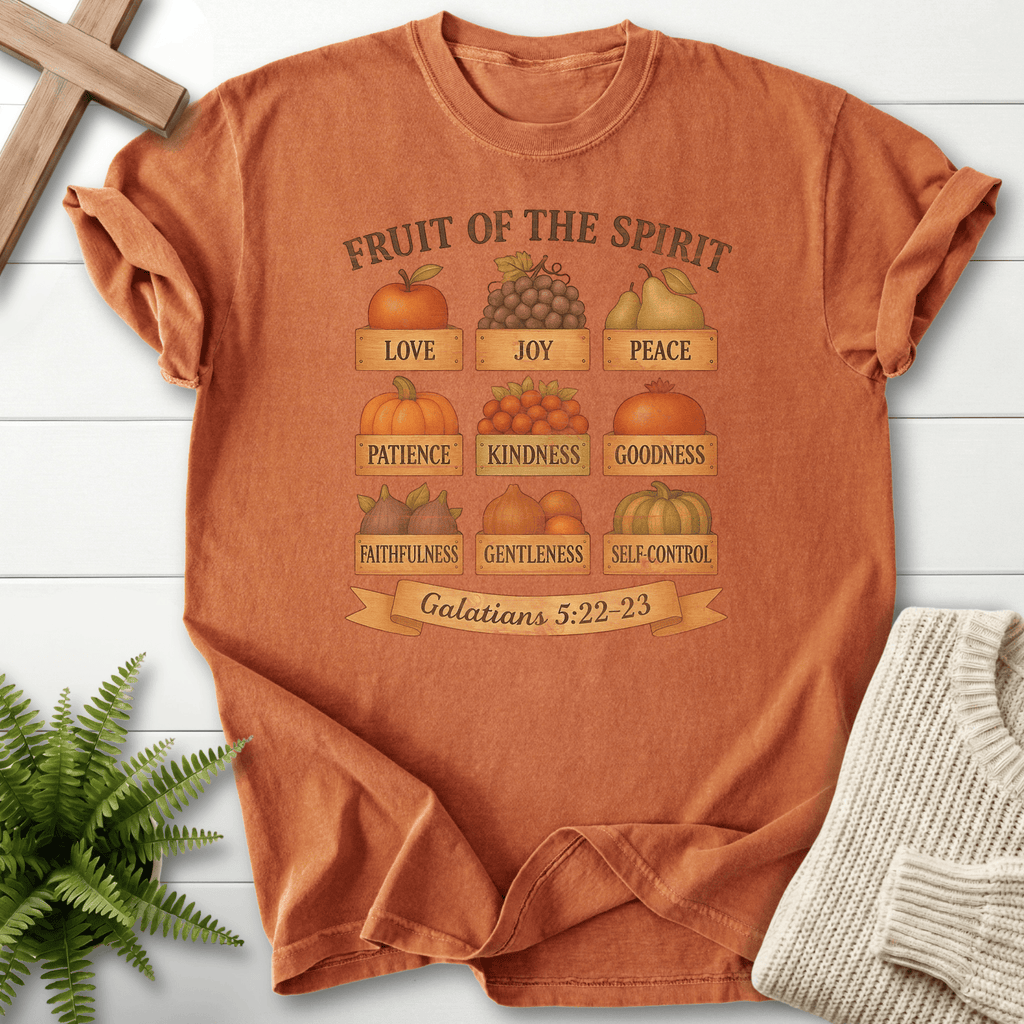 Yam women's faith t-shirt with a harvest produce grid and Fruit of the Spirit labels, Galatians 5:22-23.