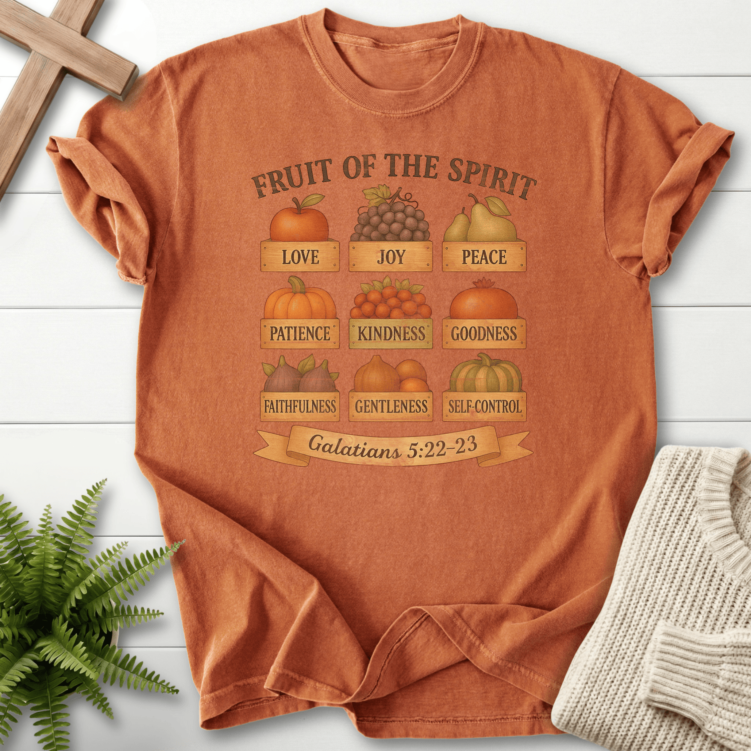 Yam women's faith t-shirt with a harvest produce grid and Fruit of the Spirit labels, Galatians 5:22-23.