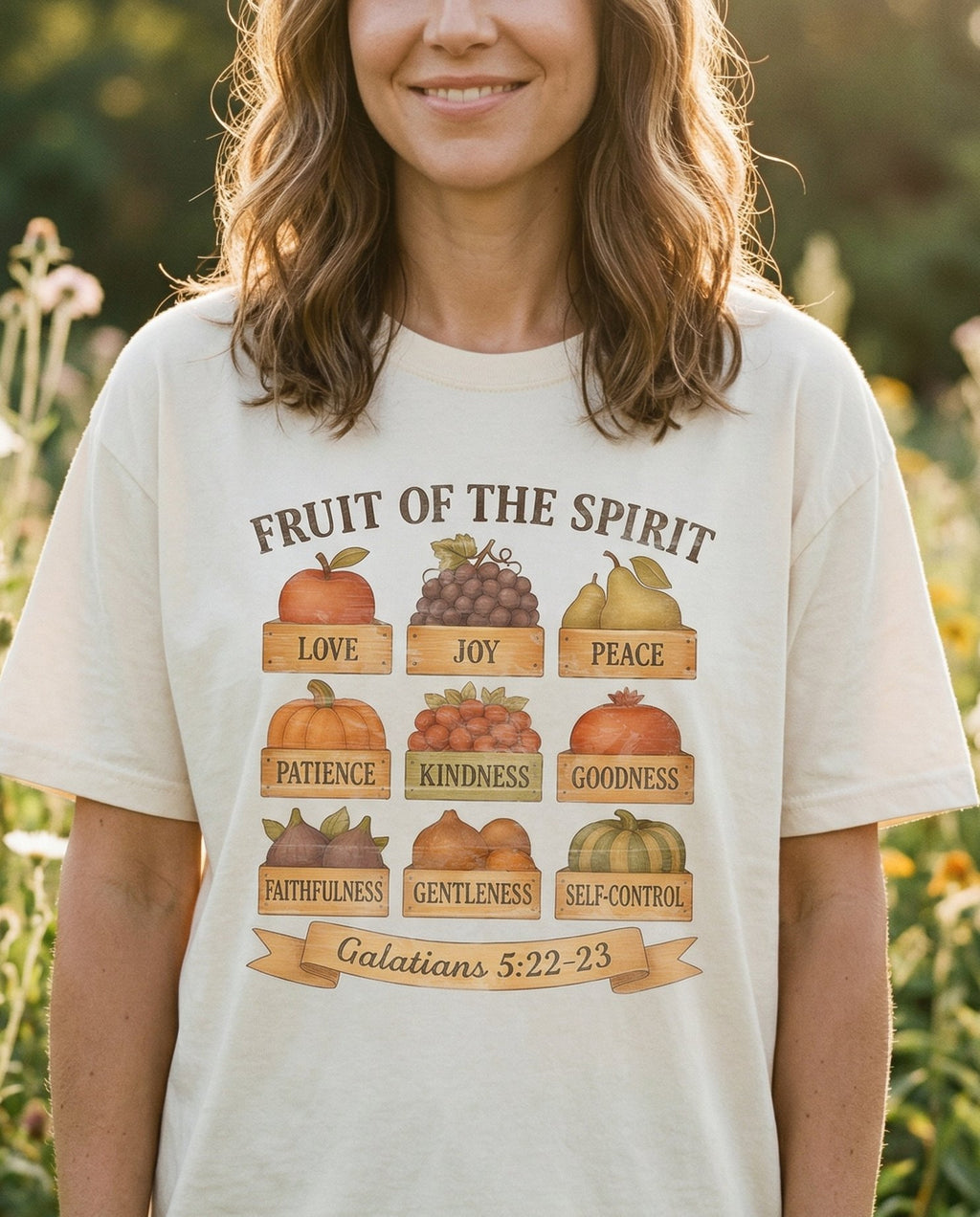 Fruit of the Spirit Autumn Edition – Ivory women's Christian tee, lifestyle photo in outdoor garden – Nine-panel grid showcasing autumn harvest produce such as apples – Galatians 5:22-23 – She Wears Faith