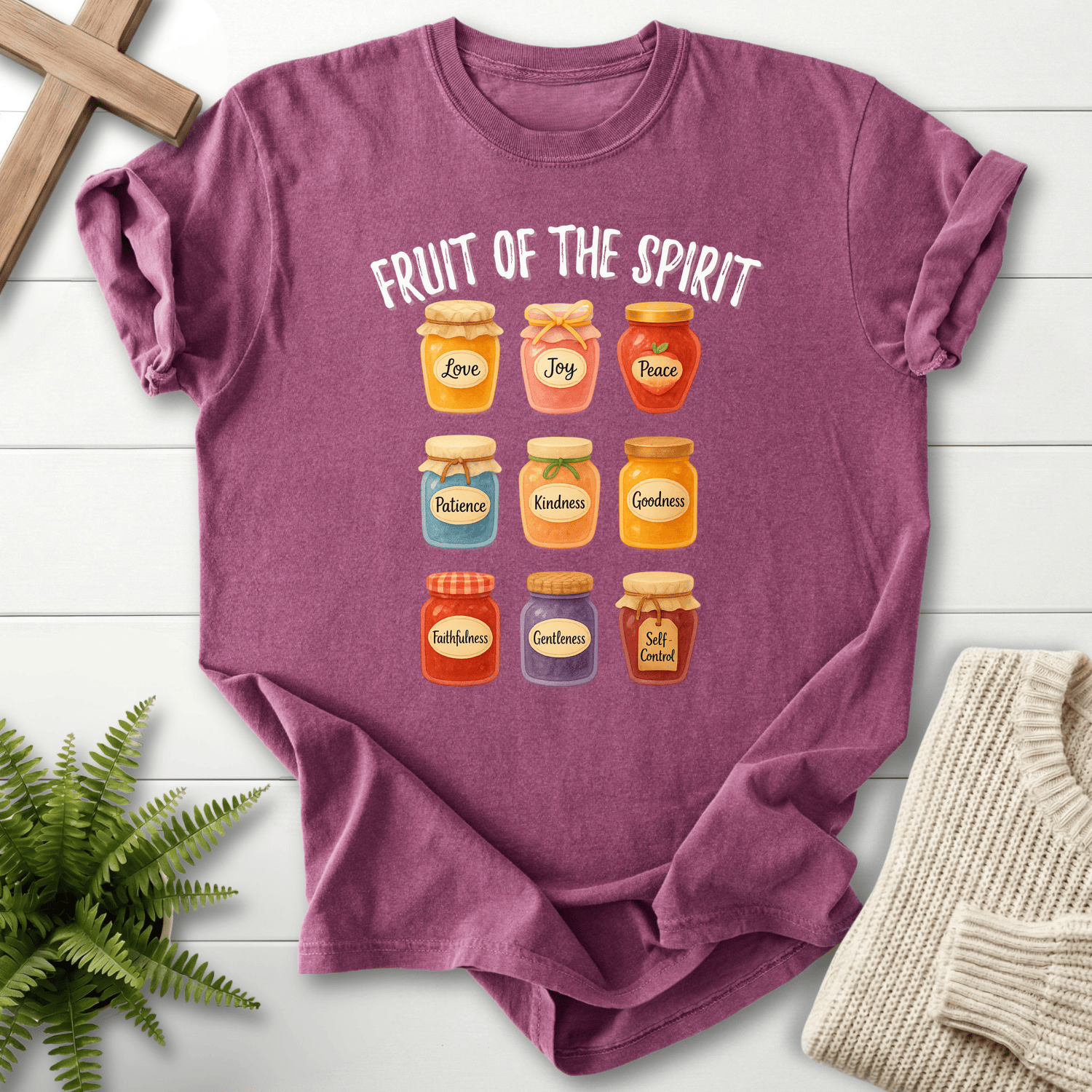 Berry women's faith t-shirt with a vibrant jam jar motif showing the nine fruits of the Spirit.