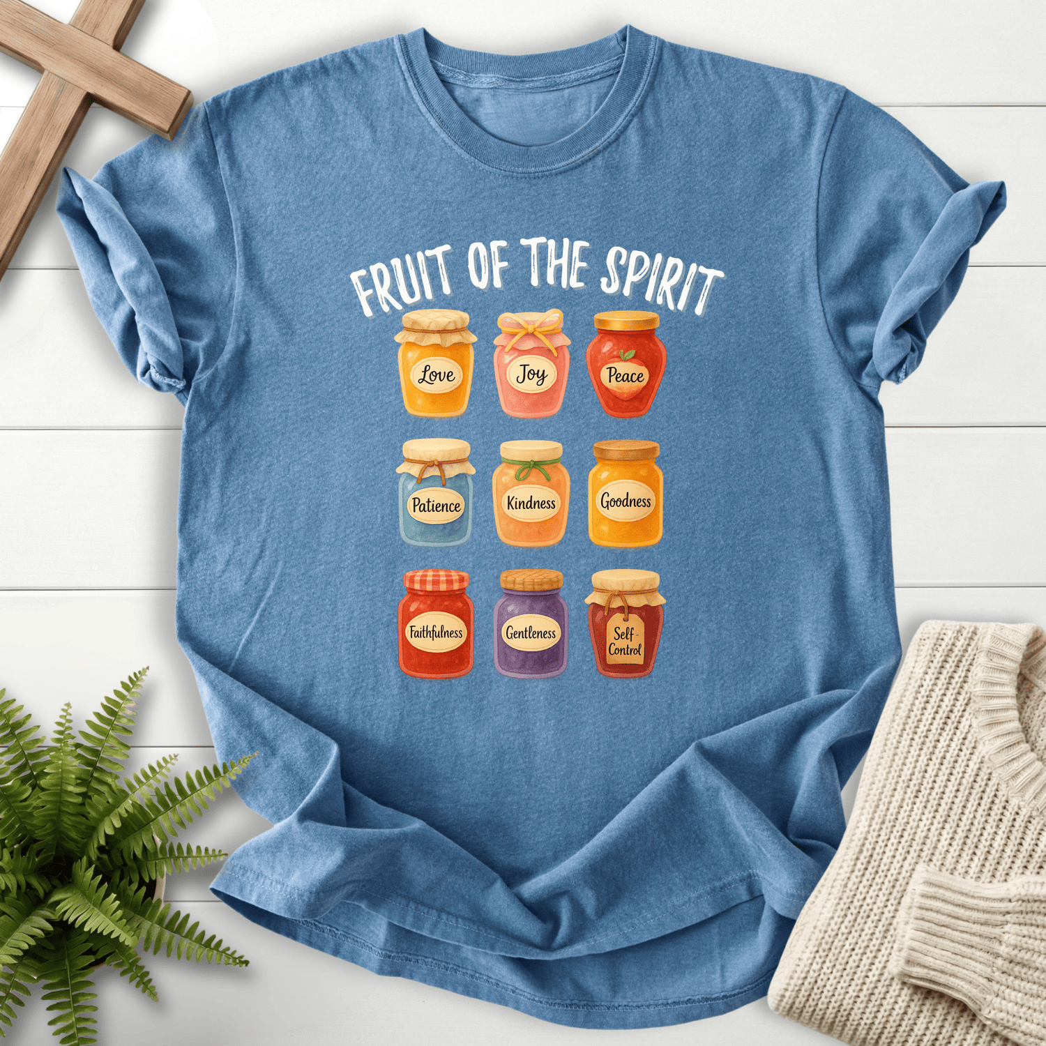 Blue Jean Bible verse tee with nine jam jar illustrations and Fruit of the Spirit labels, Comfort Colors 1717.