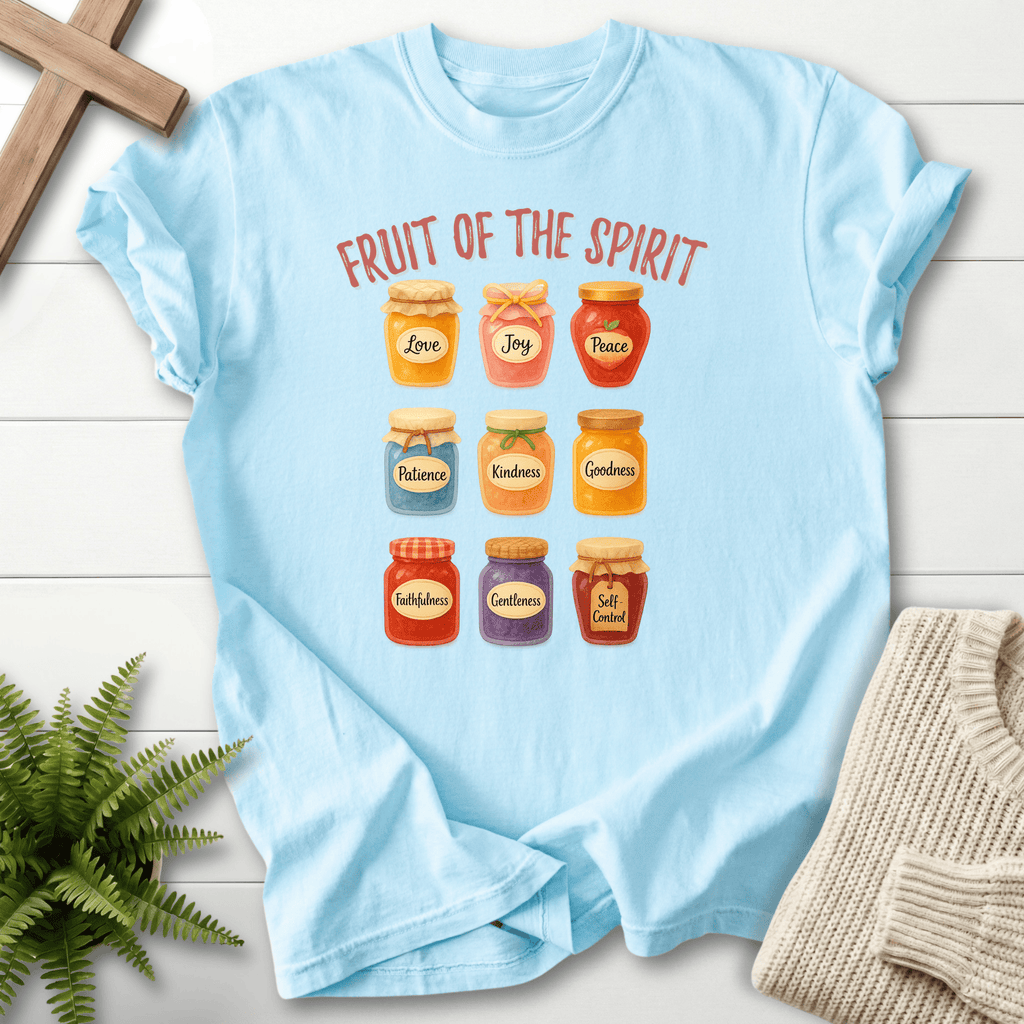 Chambray women's faith t-shirt with nine labeled jam jars and Fruit of the Spirit words, Love, Joy, Peace, Patience, Kindness, Goodness.