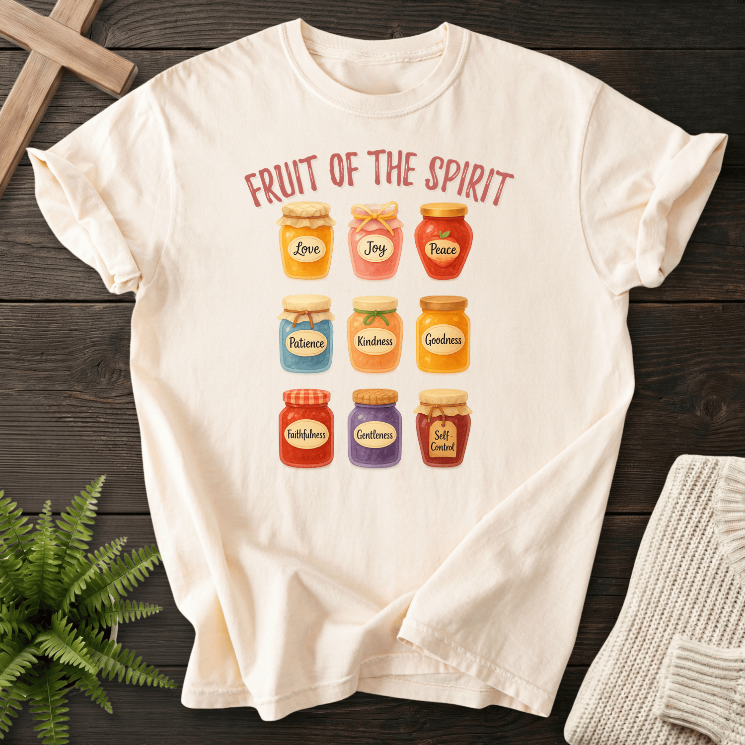 Ivory women's faith t-shirt with a colorful jam jar grid and Fruit of the Spirit labels.