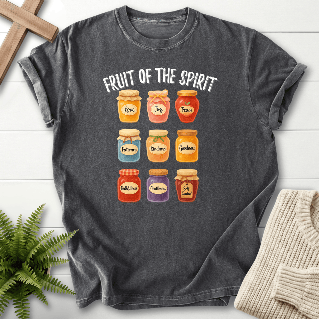 Pepper women's faith t-shirt with a colorful jam jar grid and Fruit of the Spirit words.