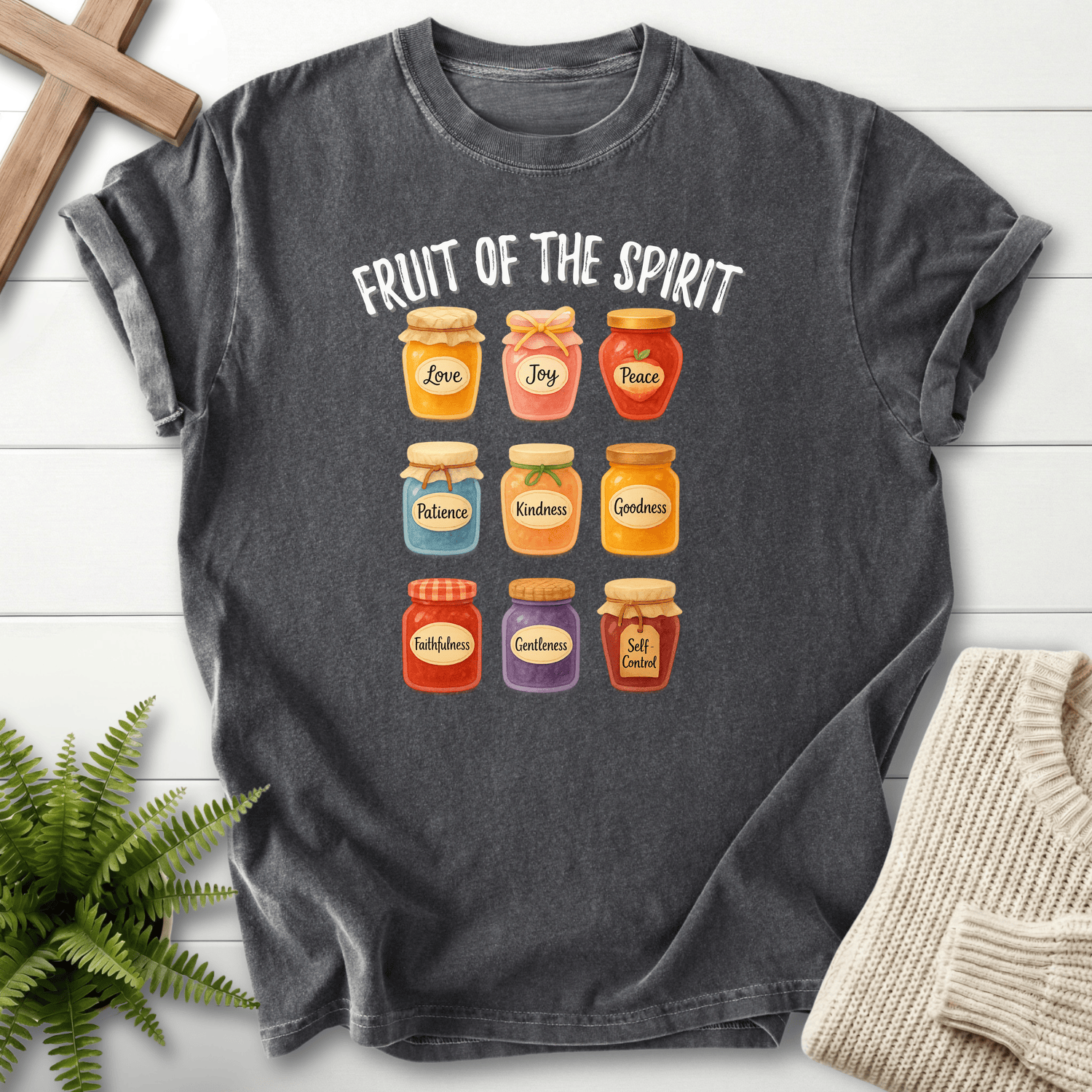 Pepper women's faith t-shirt with a colorful jam jar grid and Fruit of the Spirit words.