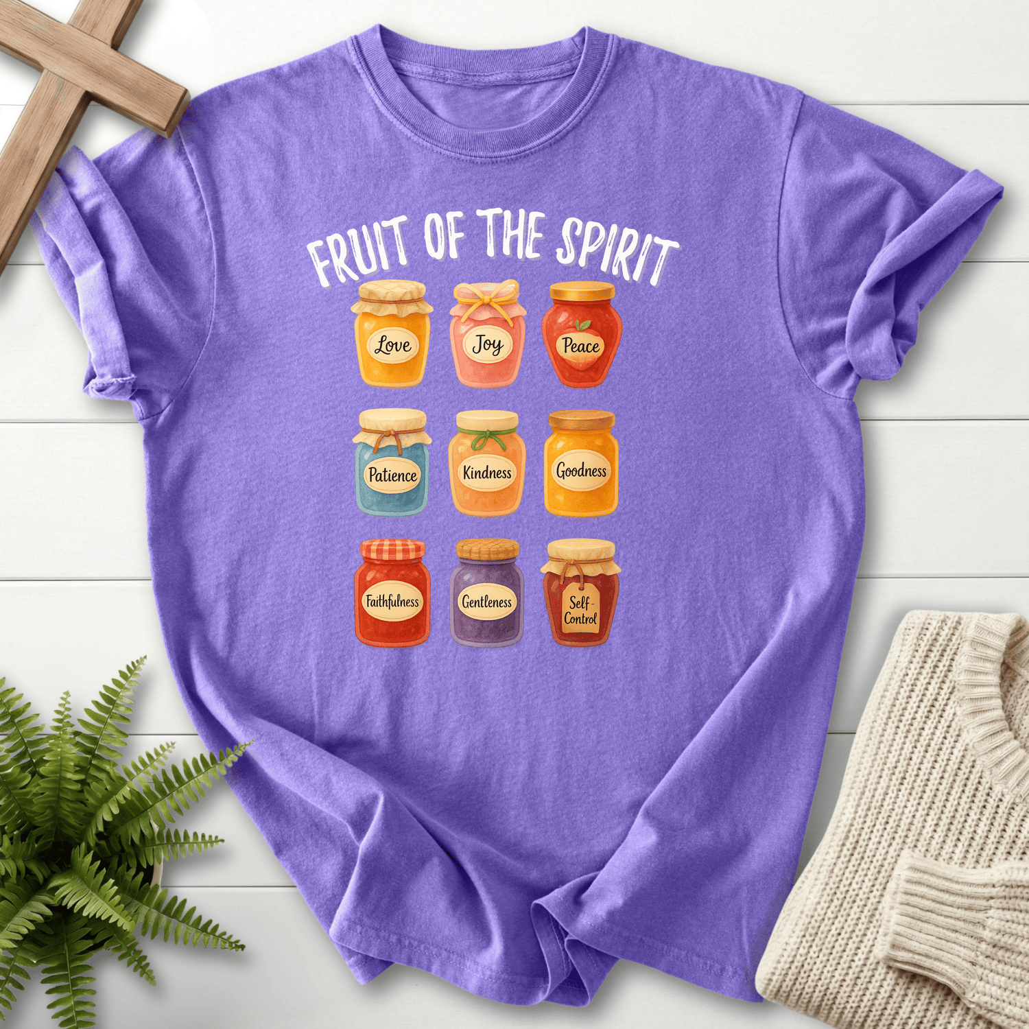 Violet women's faith t-shirt with an illustrated mason jar collection and Fruit of the Spirit theme, by She Wears Faith.