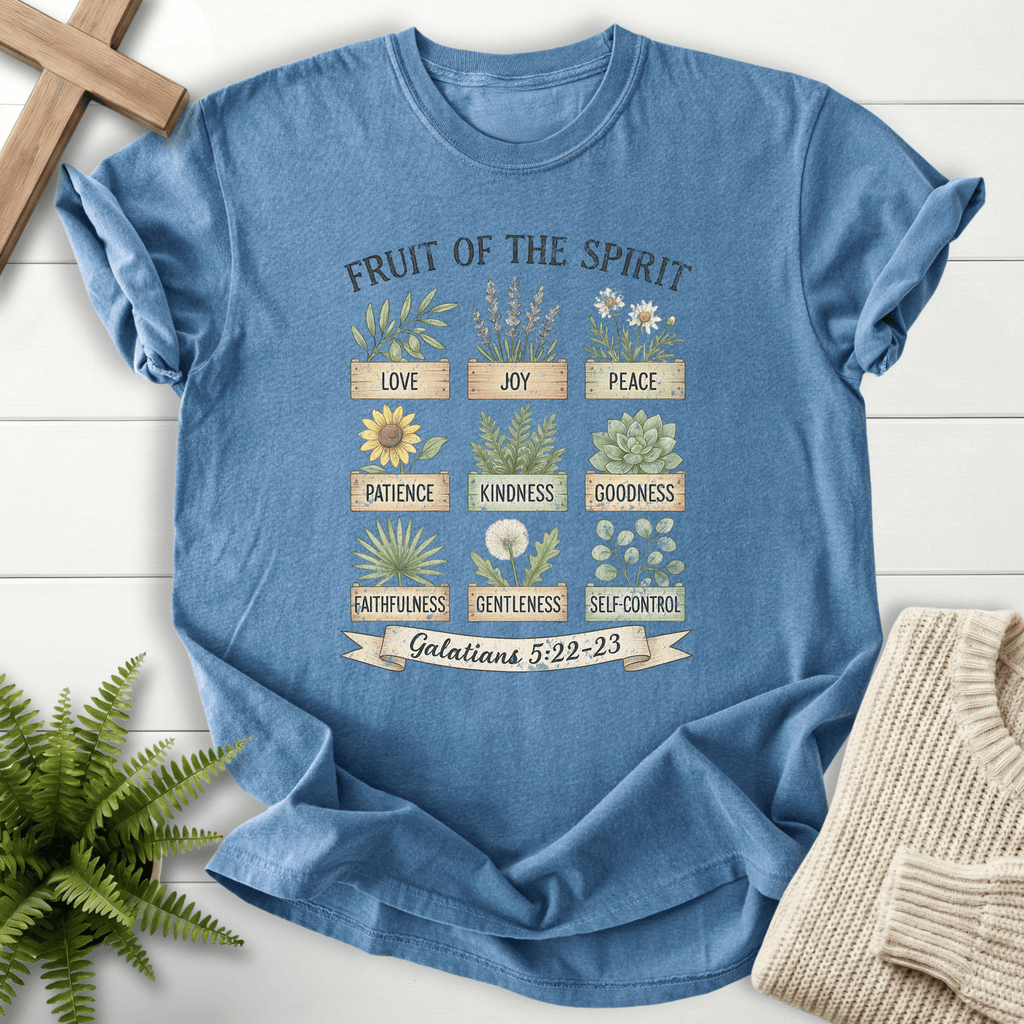 Blue Jean women's faith t-shirt with delicate herb and wildflower crate art and Fruit of the Spirit labels.