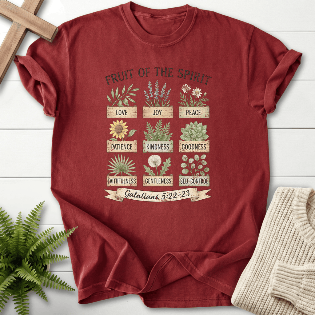 Brick Christian t-shirt for women with watercolor herb garden planters and Galatians 5:22-23, by She Wears Faith.