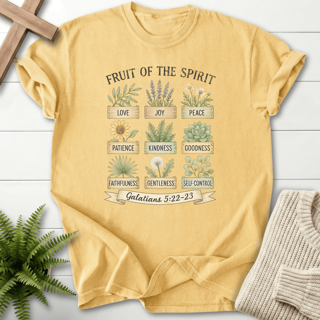 Butter Bible verse tee for women with soft botanical herb planters and Fruit of the Spirit words, Comfort Colors 1717, Galatians 5:22-23.
