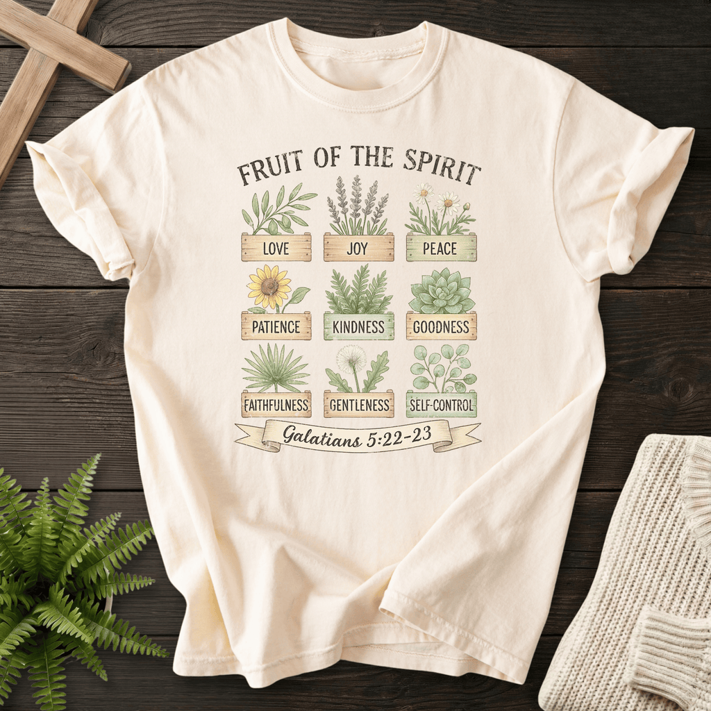 Ivory Christian t-shirt for women with a nine-panel herb and wildflower design and Fruit of the Spirit labels, Galatians 5:22-23.