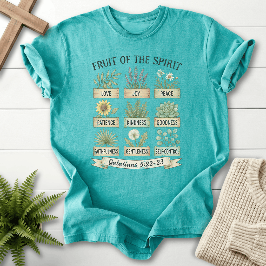Seafoam women's faith t-shirt with botanical wildflower crates and Fruit of the Spirit labels, Galatians 5:22-23.