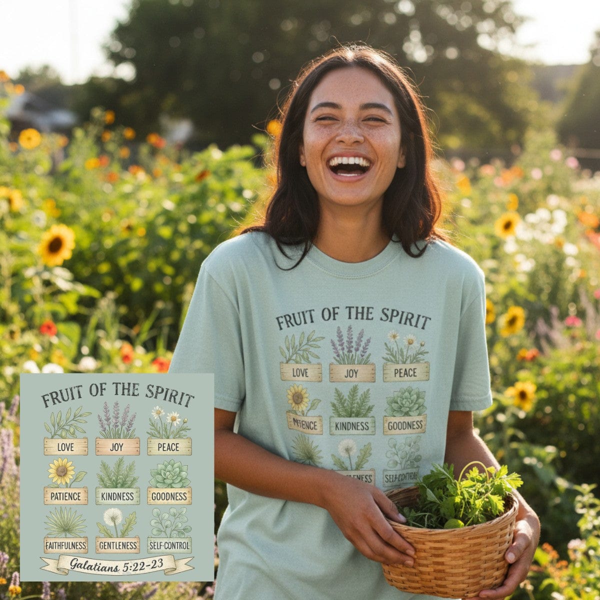 Woman smiling in a sunlit garden wearing a Comfort Colors 1717 bay “Fruit of the Spirit” t-shirt with Galatians 5:22–23 verse and botanical art. A joyful women’s scripture tee — faith-based apparel for women and modern Christian shirt, heartfelt Christian mom gift idea.