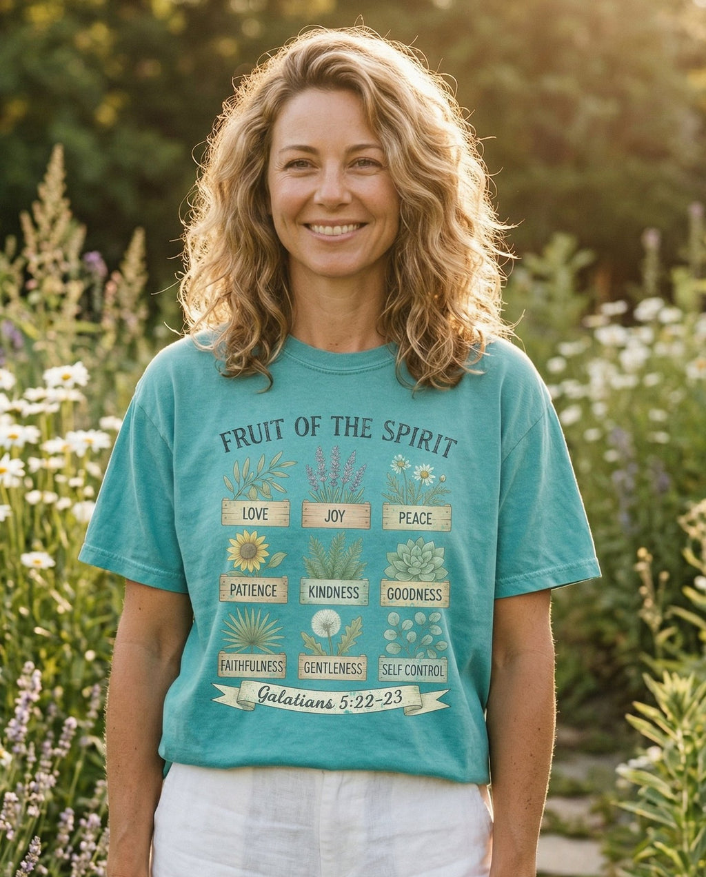 Fruit of the Spirit Herbs Edition – Seafoam women's Christian tee, lifestyle photo in outdoor garden – Soft botanical illustration of nine herb and wildflower plants in wood – Galatians 5:22-23 – She Wears Faith