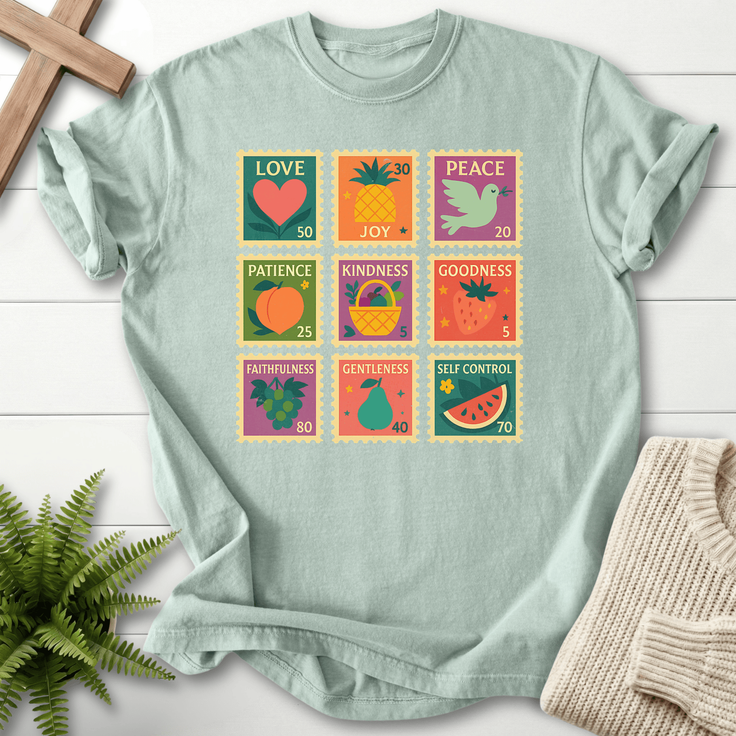 Bay women's faith t-shirt with a vintage stamp illustration and the Fruit of the Spirit theme, Comfort Colors 1717.