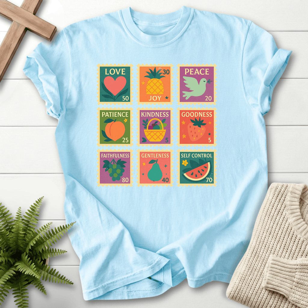 Chambray women's faith t-shirt with a colorful stamp grid and the Fruit of the Spirit, by She Wears Faith.