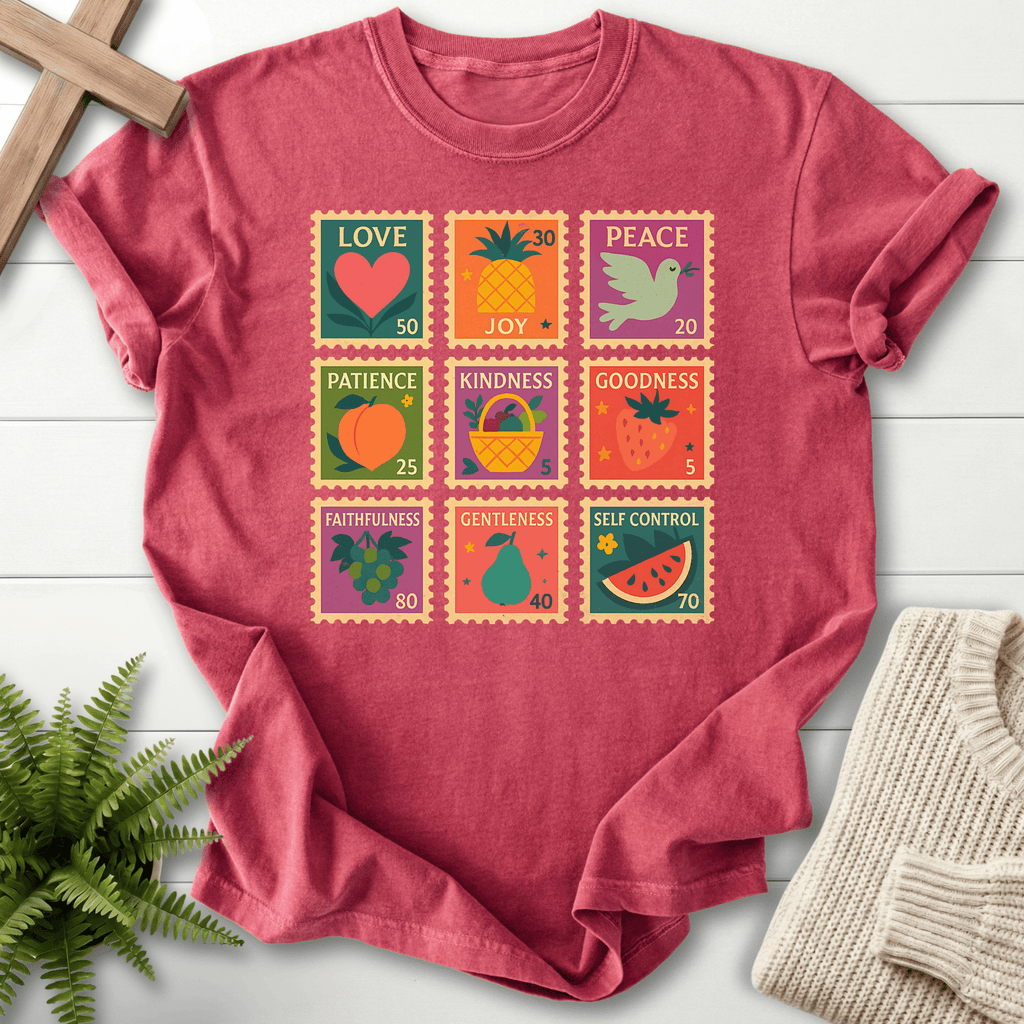 Crimson women's faith t-shirt with a vibrant nine-stamp Fruit of the Spirit design and bold fruit illustrations.