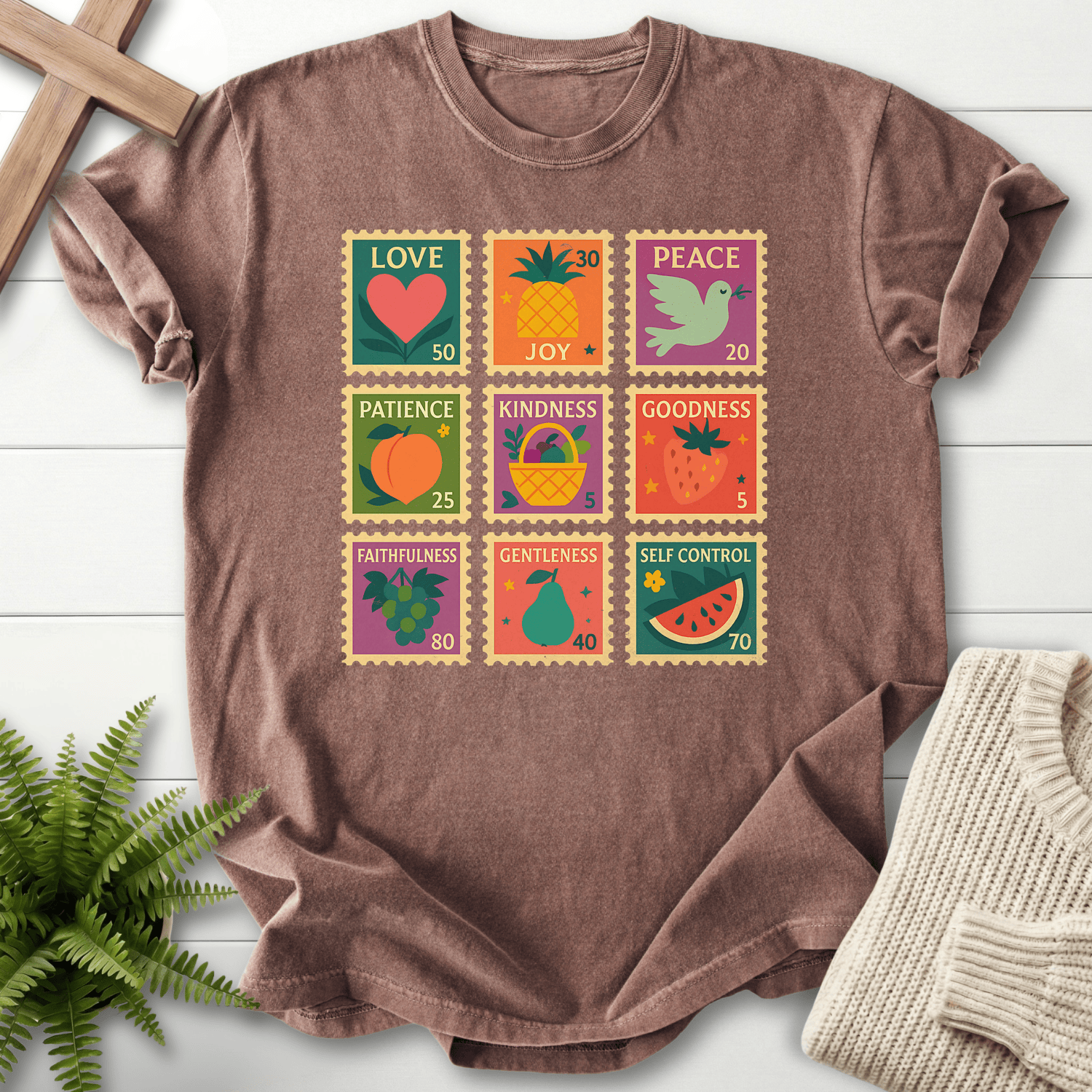 Espresso women's faith t-shirt with a vintage postage stamp collection and nine fruit of the Spirit motifs.