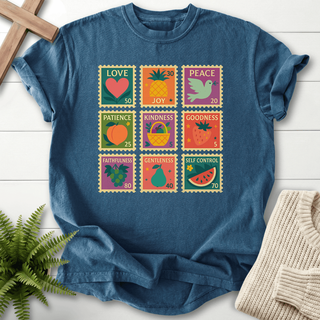Midnight women's faith t-shirt with a vintage postage stamp grid of fruit motifs and Fruit of the Spirit labels.