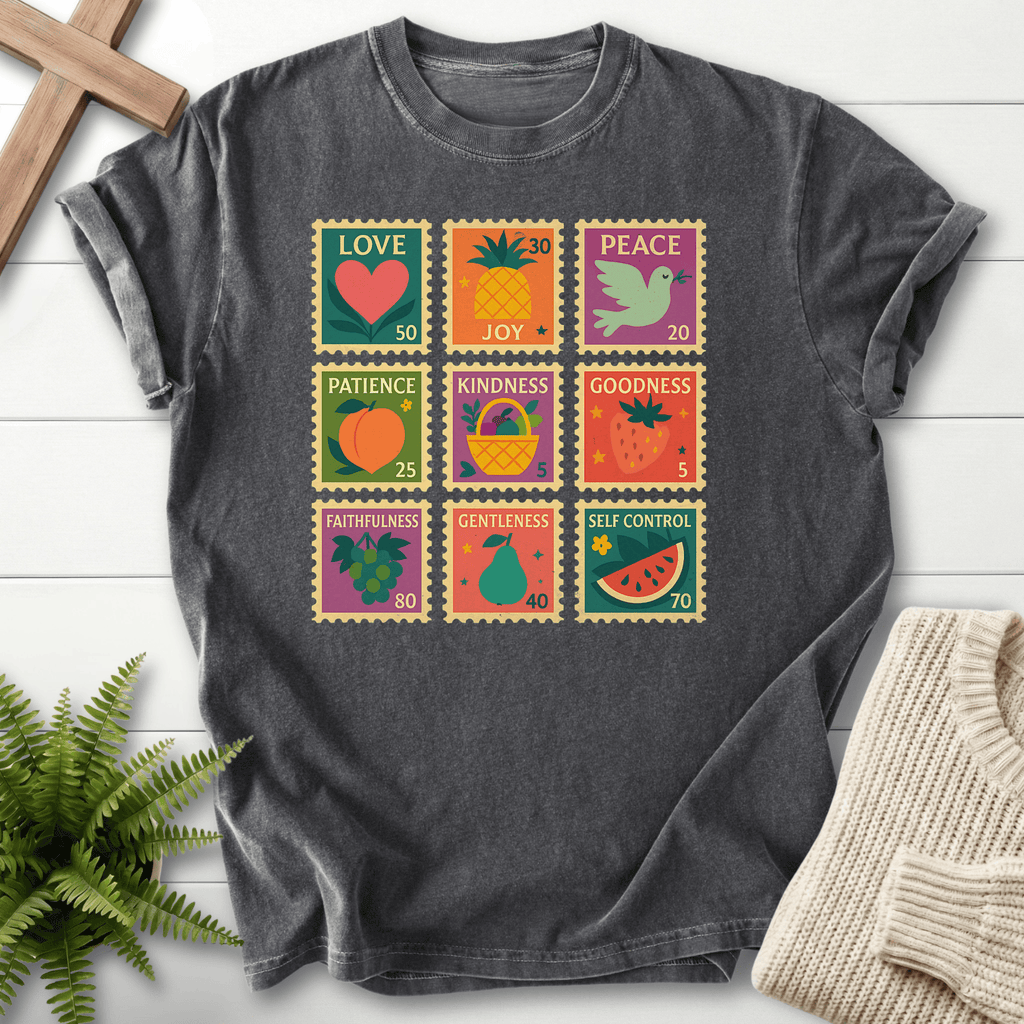 Pepper women's faith t-shirt with nine colorful postage stamp panels and Fruit of the Spirit labels.