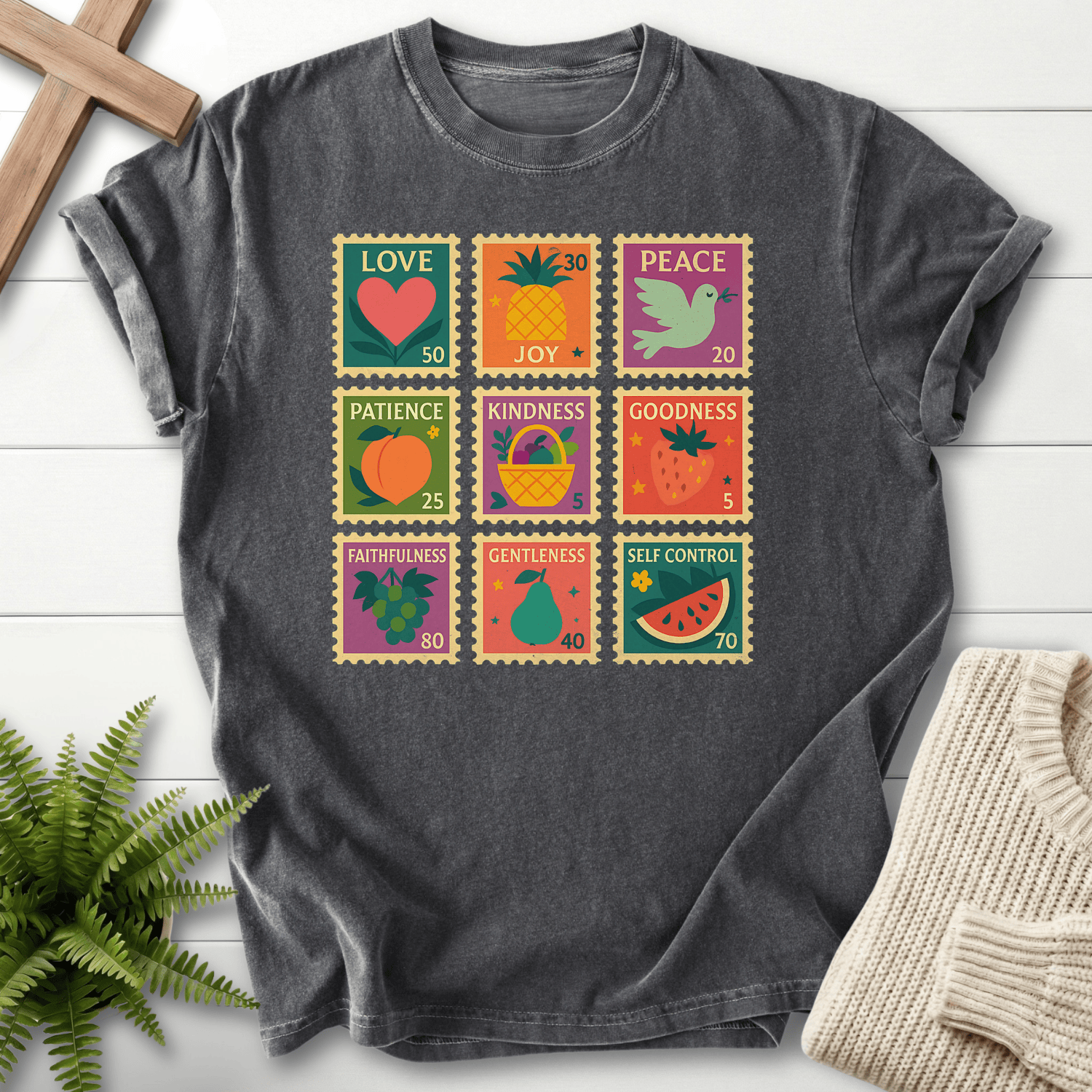 Pepper women's faith t-shirt with nine colorful postage stamp panels and Fruit of the Spirit labels.
