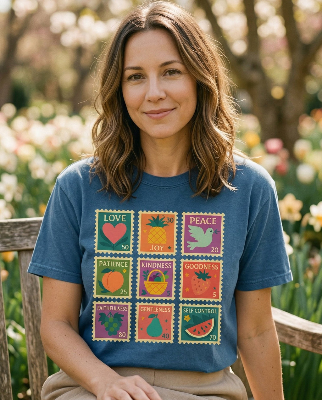 Fruit of the Spirit Stamp – Midnight women's Christian tee, lifestyle photo in outdoor garden – Nine colorful postage stamp illustrations – She Wears Faith