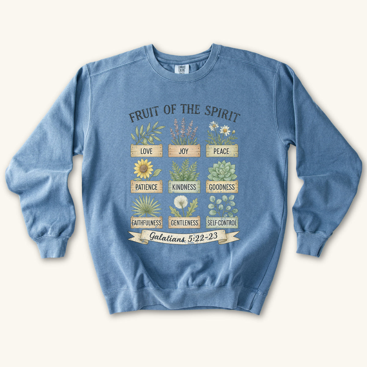 Blue Jean Christian sweatshirt with nine painted herb and flower planters labeled with the fruit of the spirit, Galatians 5:22-23